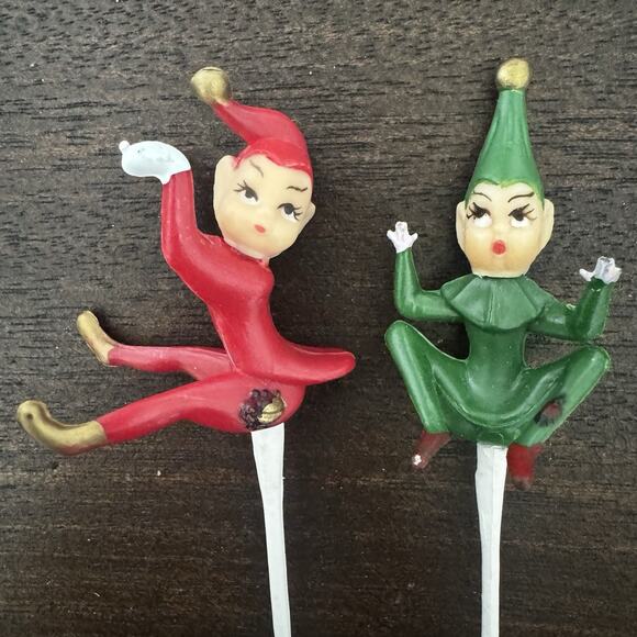 Vintage Green & Red 4 Pixie Elf w/ Ladybug Climber Cake Topper Picks Christmas - Picture 4 of 16
